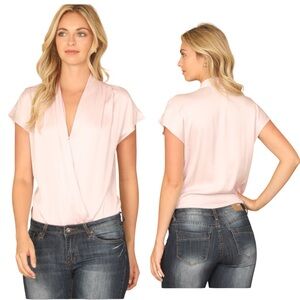 Olivaceous Lilac Cap Sleeve Satiny Wrap Bodysuit NWT